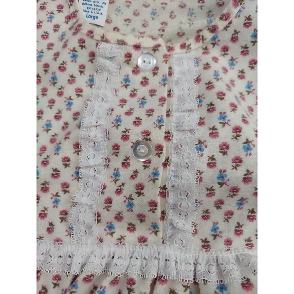 Vtg Flannel Nightgown Large Beige Pink Floral Long Lace USA Made Cottagecore - Picture 10 of 11